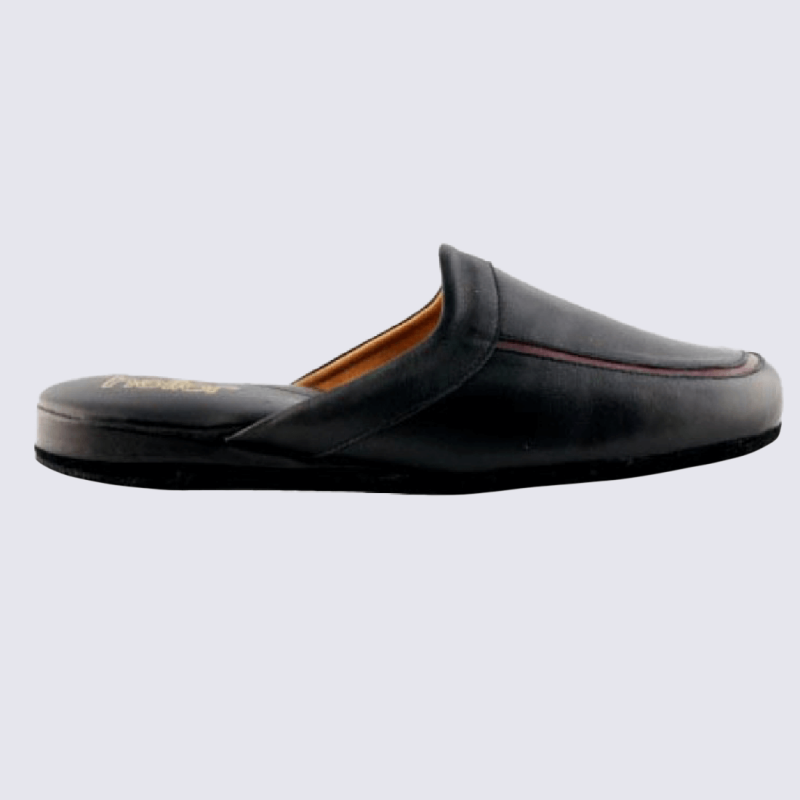 Mules Heller, mules d’interieur Dino homme en cuir noir et rouge